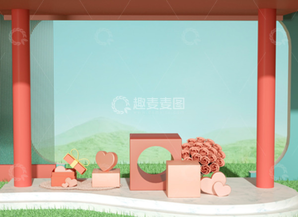 源文件下载【趣麦麦图】520粉色系C4D展台清新电商海报背景