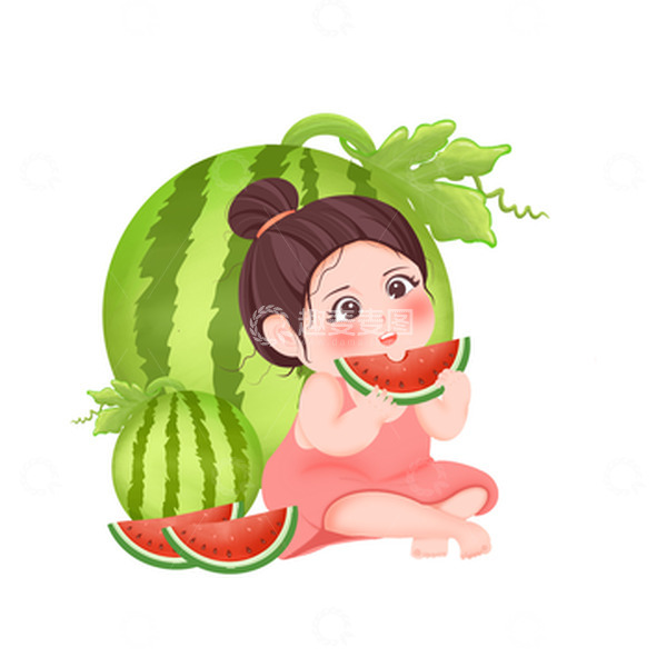 源文件下载【趣麦麦图】手绘卡通小女孩吃西瓜元素