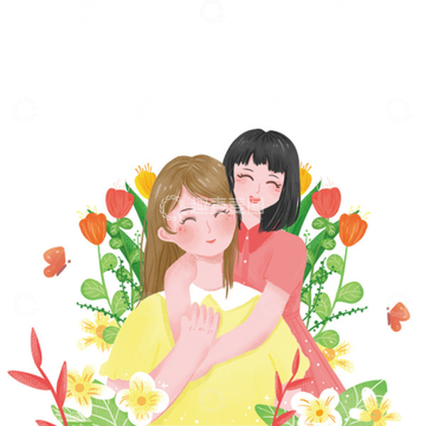 源文件下载【趣麦麦图】母亲节母女温馨场景手绘插画风