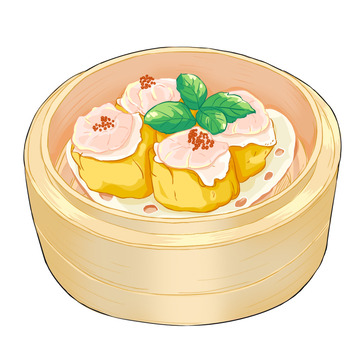 广东早茶烧麦手绘插画