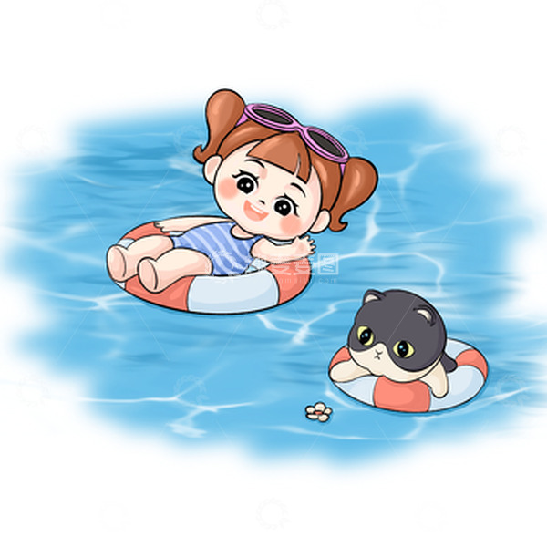 源文件下载【趣麦麦图】夏天游泳可爱女孩小猫元素