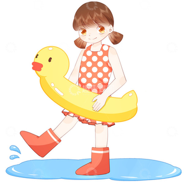 源文件下载【趣麦麦图】立夏夏季女孩戴着游泳圈游泳