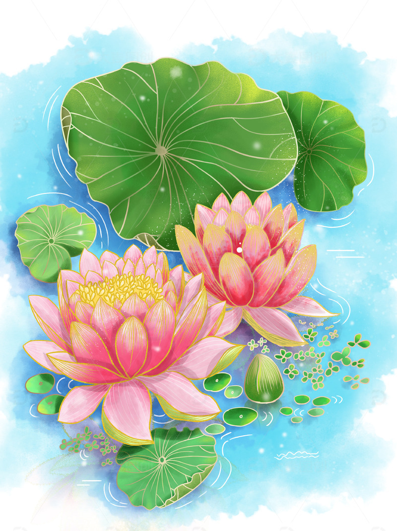 源文件下载【趣麦麦图】新国风国潮风夏天立夏莲花池塘睡莲