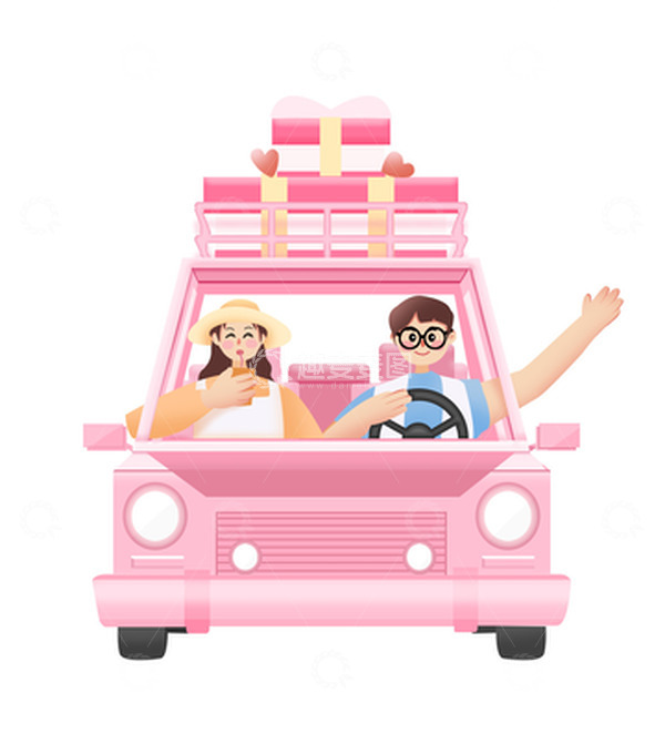 源文件下载【趣麦麦图】浪漫春游情侣驾车出行520约会插画素材