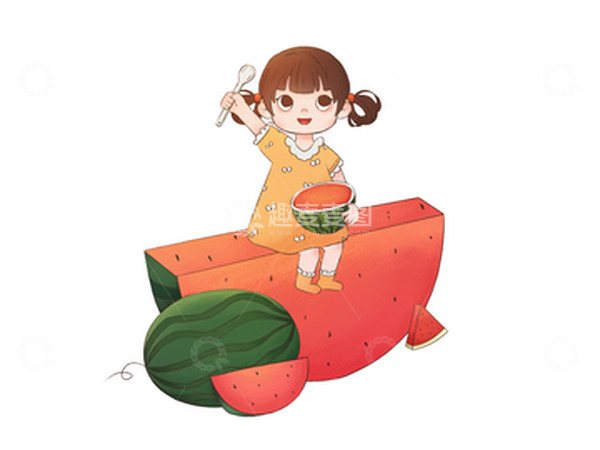源文件下载【趣麦麦图】-立夏吃西瓜插画