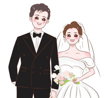 可爱卡通婚纱情侣人物手绘插画元素
