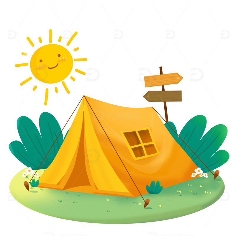 卡通可爱旅游帐篷草地手绘装饰插画