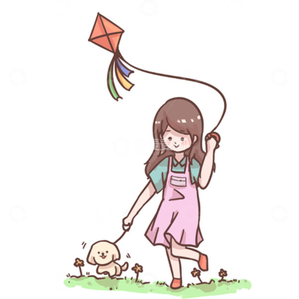 源文件下载【趣麦麦图】卡通手绘春游女孩放风筝