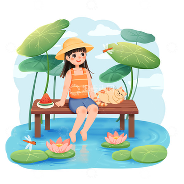 源文件下载【趣麦麦图】手绘插画立夏小女孩坐在荷花塘边