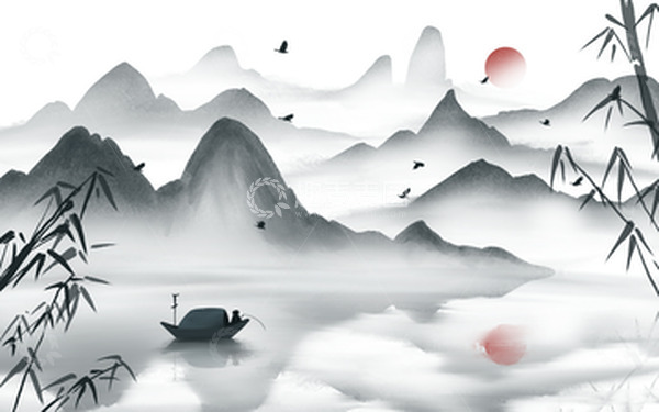源文件下载【趣麦麦图】中国风水墨山水画渔船竹叶古风背景