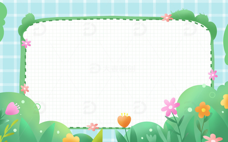 手绘春天格子卡通绿植花朵儿童边框背景