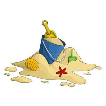 海边沙滩堆沙铲子桶贝壳海星