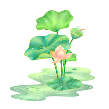 手绘国潮金线风夏季荷塘荷花