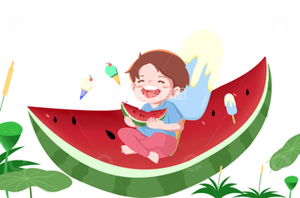 源文件下载【趣麦麦图】立夏吃西瓜荷叶雪糕小孩户外荷塘