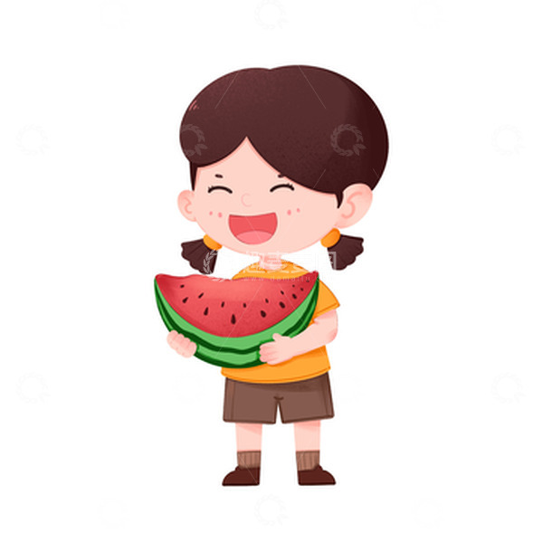 源文件下载【趣麦麦图】女孩夏天手捧大西瓜开心吃西瓜免抠元素
