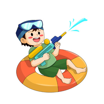 坐在游泳圈上拿水枪玩耍的卡通儿童