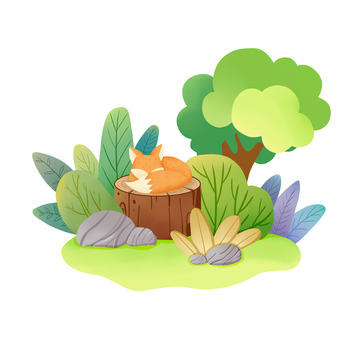 扁平风森林树桩狐狸小场景手绘图动物元素