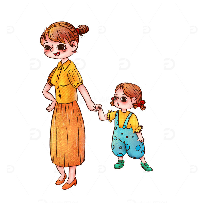 源文件下载【趣麦麦图】妈妈拉着女儿的小手