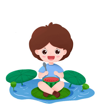 立夏节气男孩开心在荷叶上吃西瓜元素