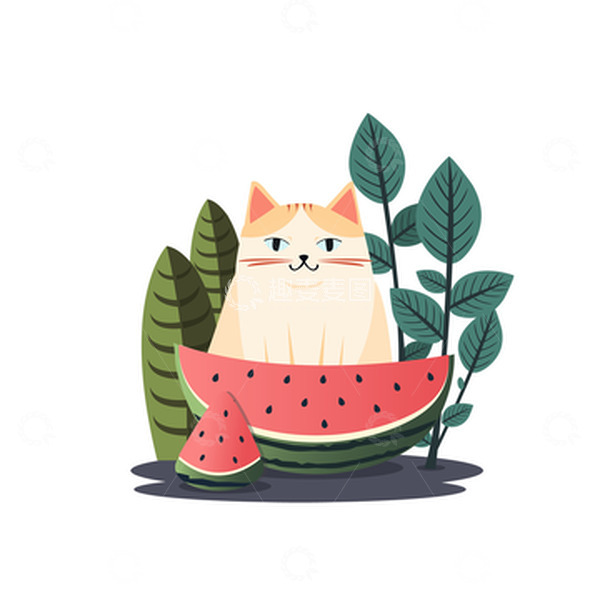 源文件下载【趣麦麦图】小猫咪橘猫花猫西瓜动物植物水果绿叶