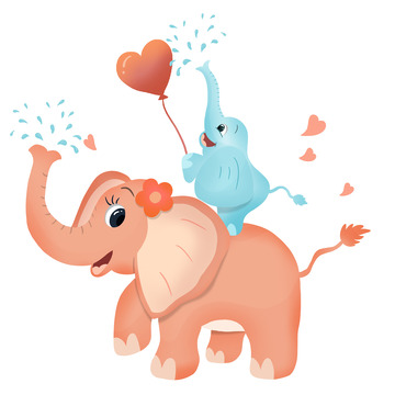 手绘大象妈妈和象宝宝卡通动物亲子