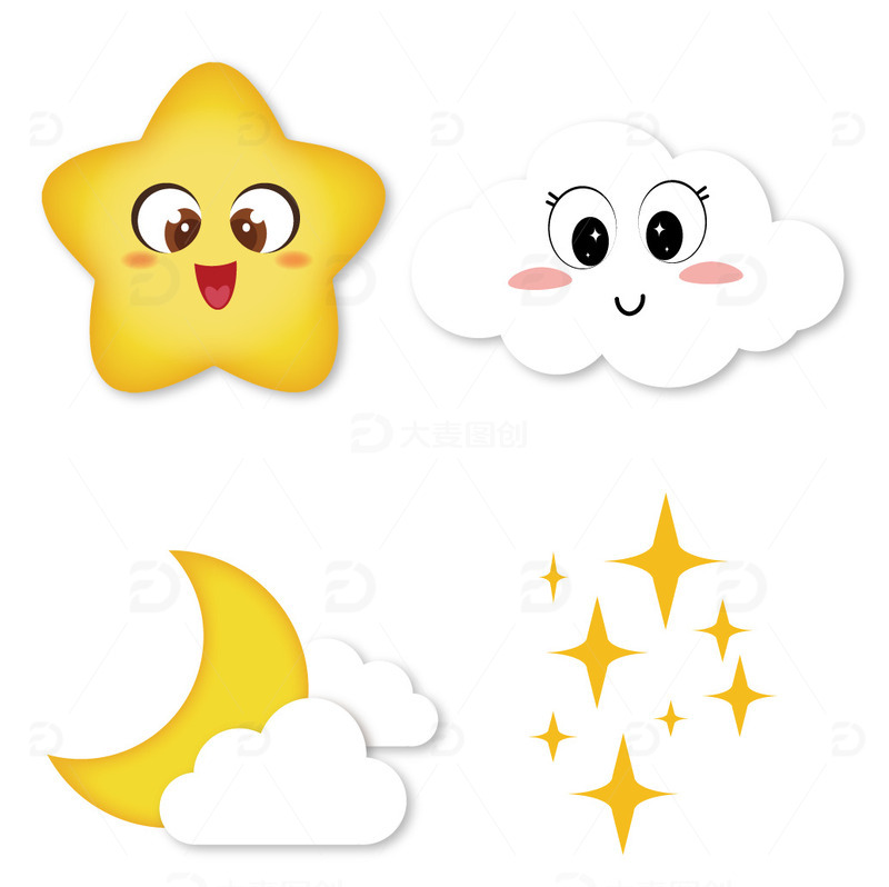 源文件下载【趣麦麦图】-卡通星星云朵月亮手绘素材