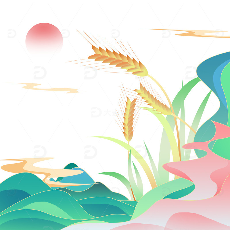 源文件下载【趣麦麦图】-中国风渐变国潮风小满麦穗装饰祥云元素