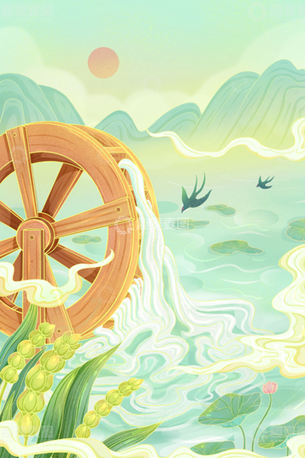 源文件下载【趣麦麦图】小满麦子灌溉农田木质水车插画