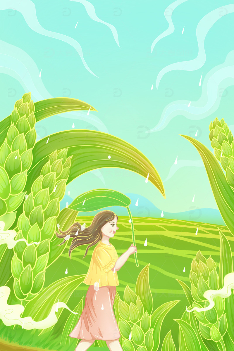 小满节气麦田麦子下避雨麦子女孩插画