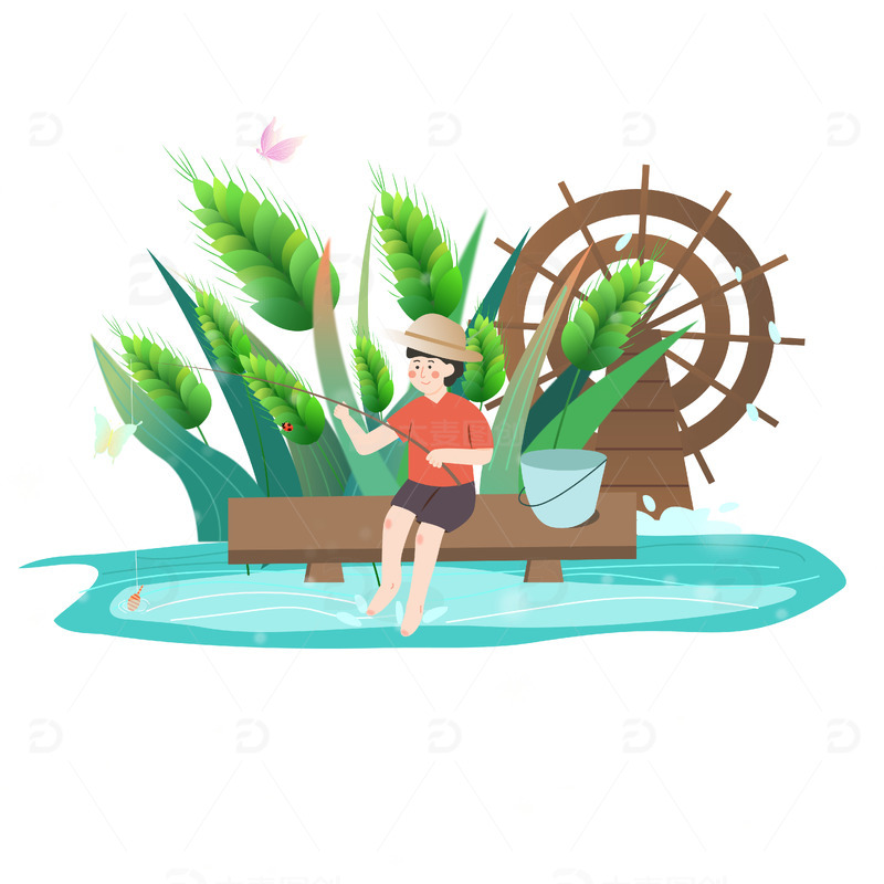 小满夏天立夏人物池塘钓鱼麦穗水车场景