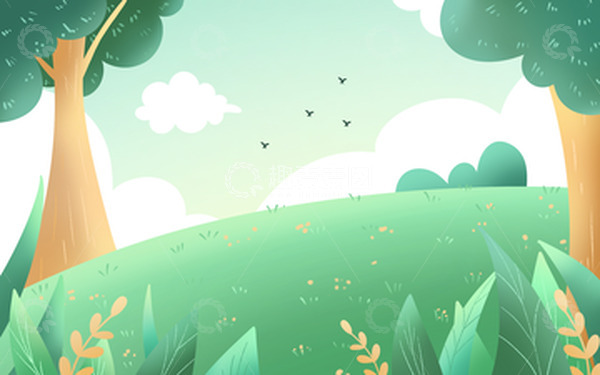 源文件下载【趣麦麦图】手绘夏日小清新草坪树叶绿植踏青背景
