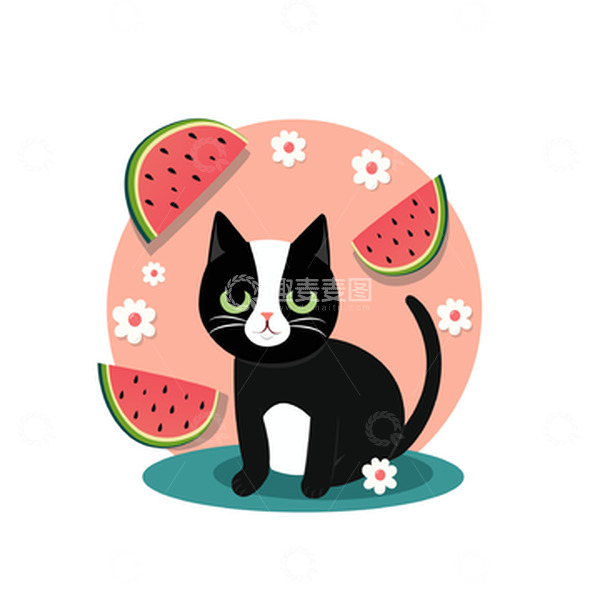 源文件下载【趣麦麦图】黑白猫小动物花花夏季西瓜猫咪植物卡通