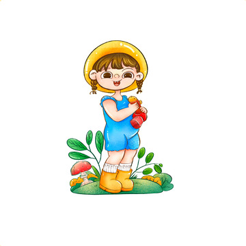 手绘拿着水枪的可爱小女孩