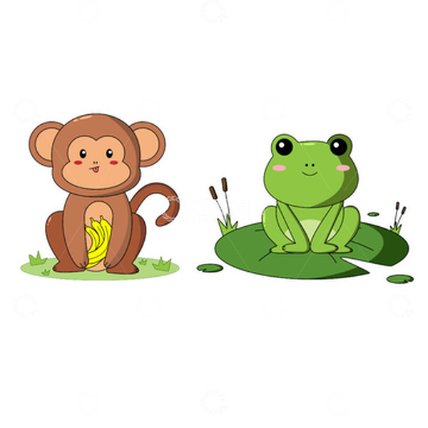 源文件下载【趣麦麦图】扁平风手绘可爱猴子青蛙