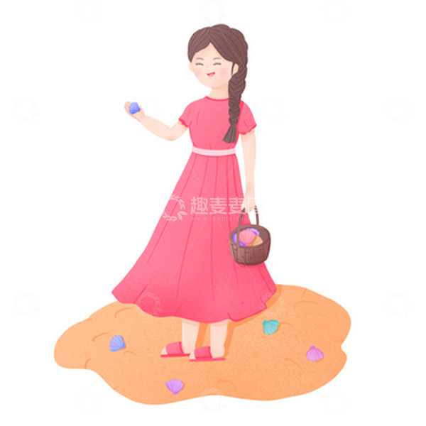 源文件下载【趣麦麦图】手绘少女沙滩捡贝壳