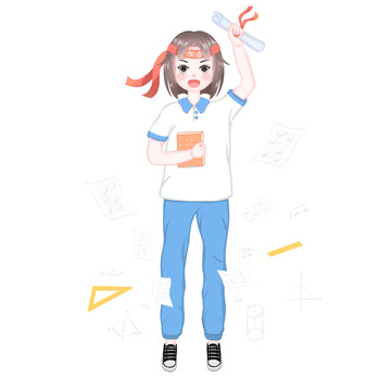 卡通学生考试手拿录取通知书试卷人物插画
