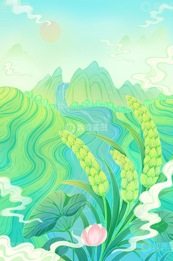 源文件下载【趣麦麦图】小满节气田野山水河流莲叶荷花麦穗麦子插画