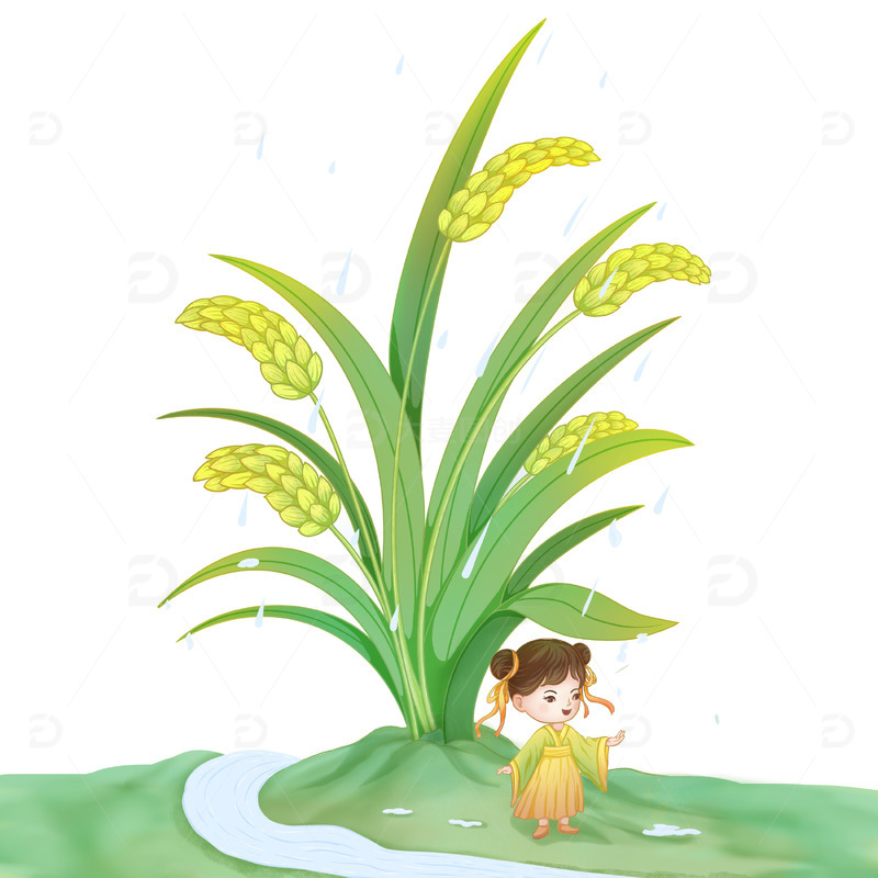 小满节气女孩小麦下避雨插画