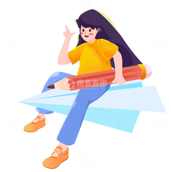 源文件下载【趣麦麦图】乘坐纸飞机的高中女生插画人物