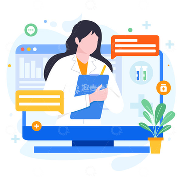 源文件下载【趣麦麦图】-卡通医生电脑在线问诊看病扁平化插画