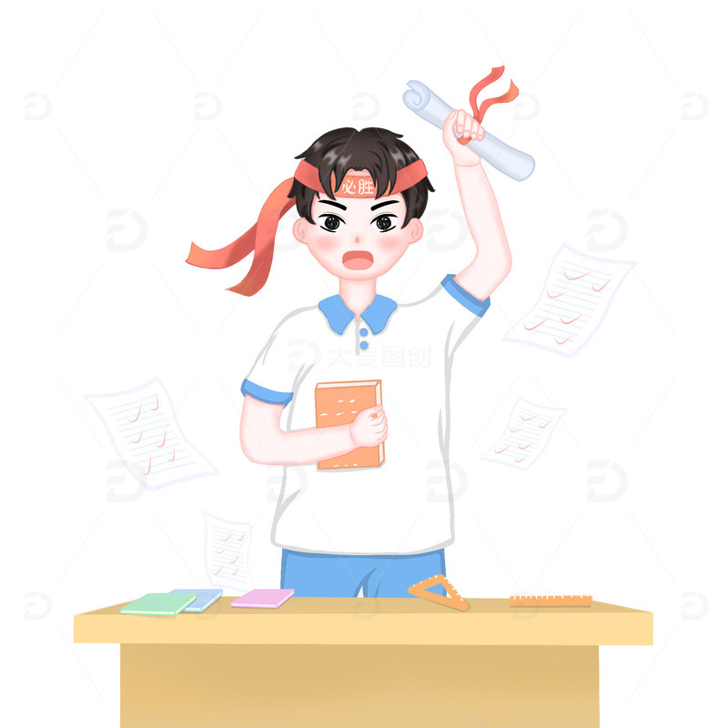 卡通学生考试必胜录取插画手绘