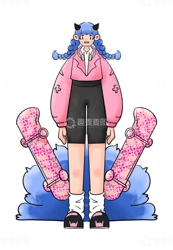 源文件下载【趣麦麦图】双马尾滑板女孩