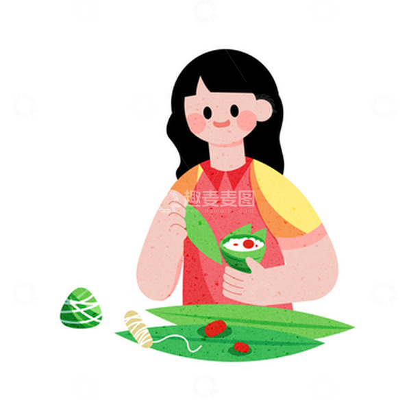 源文件下载【趣麦麦图】端午节女孩包粽子粽叶红枣糯米
