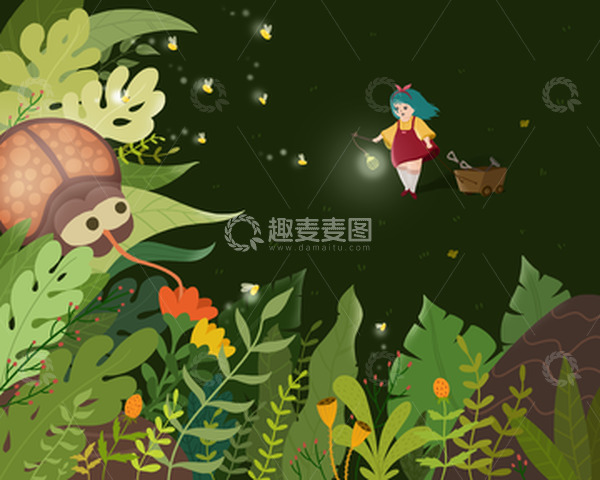 源文件下载【趣麦麦图】-手绘花草背景瓢虫和女孩
