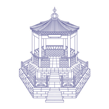 素描简笔黑白线稿古风亭子