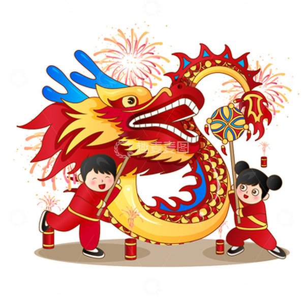 源文件下载【趣麦麦图】-传统舞龙烟花人物场景矢量插画