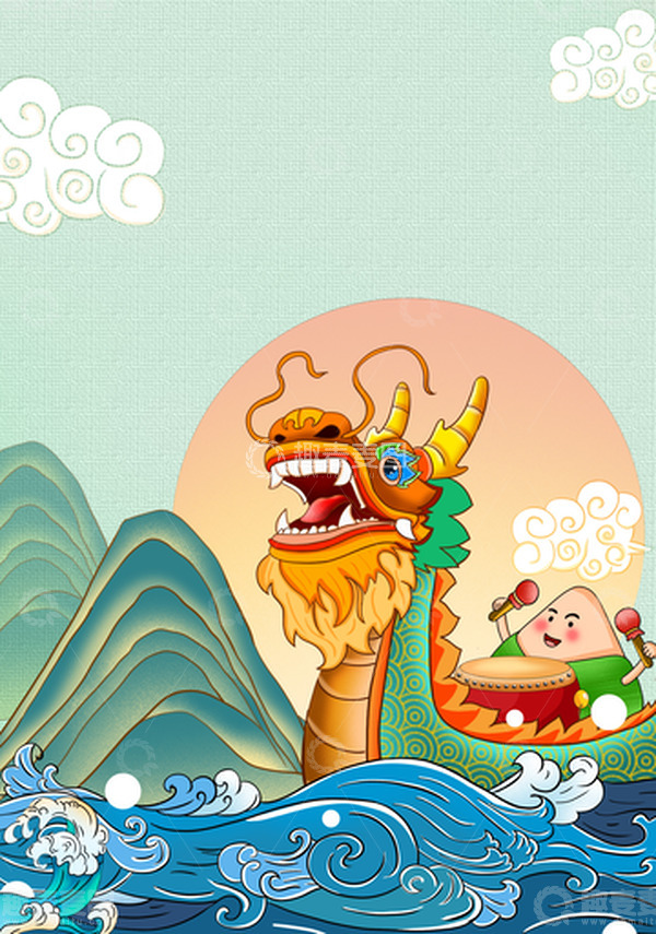 源文件下载【趣麦麦图】手绘端午龙舟背景图