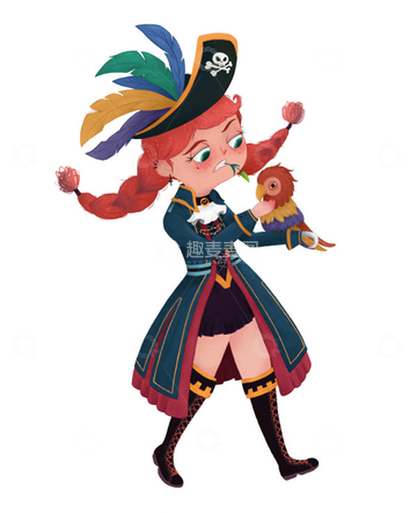 源文件下载【趣麦麦图】可爱复古海盗鹦鹉小女孩