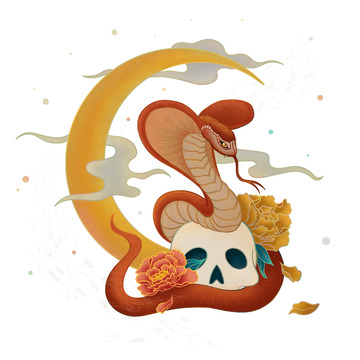 复古国风手绘插画鲜花眼镜蛇