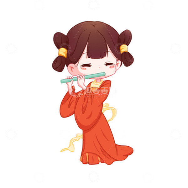 源文件下载【趣麦麦图】Q版古风人物吹笛子的女孩
